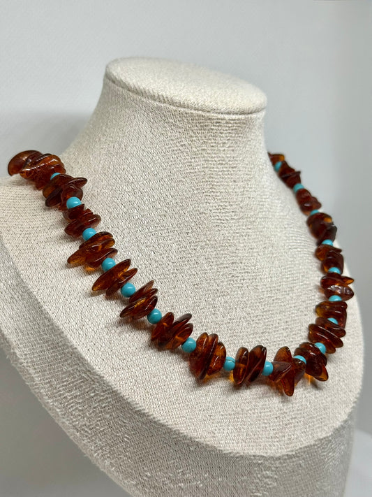 Barnsteen & Natuursteen Ketting - Cognac & Turkuoois (46 cm)