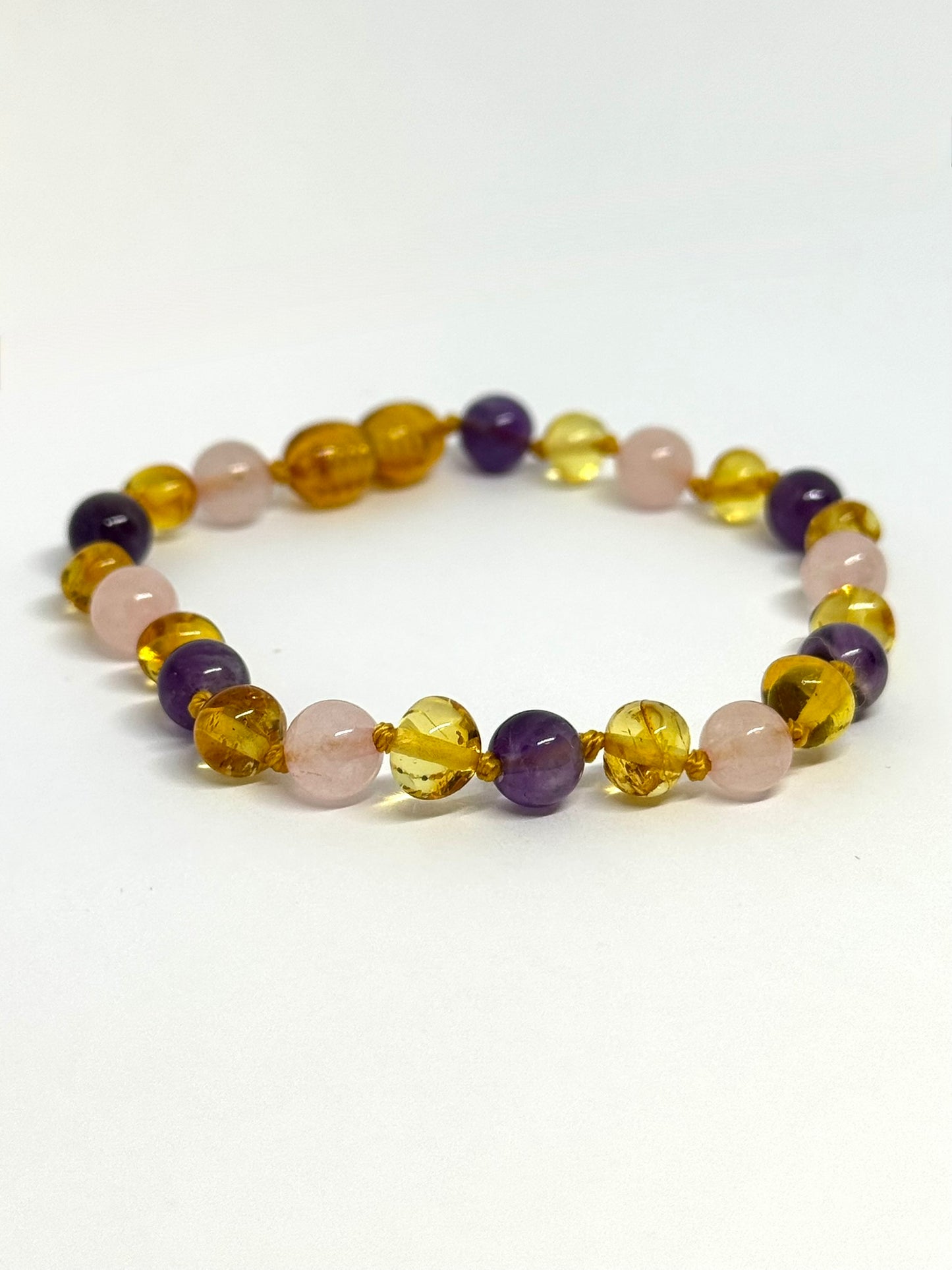 Barnsteen & Natuursteen Armband - Honing, Rozenkwarts & Amethist (17-21 cm)