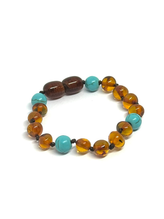 Barnsteen & Natuursteen Armbandje - Cognac & Turkuoois (12 cm)