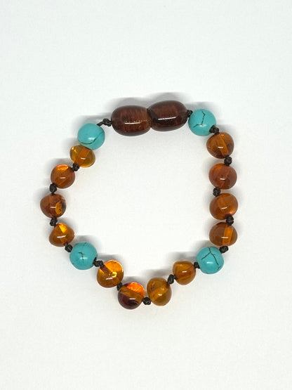 Barnsteen & Natuursteen Baby Armbandje/Enkelbandje - Cognac & Turkuoois (12 cm)
