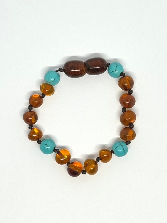 Barnsteen & Natuursteen Baby Armbandje/Enkelbandje - Cognac & Turkuoois (12 cm)