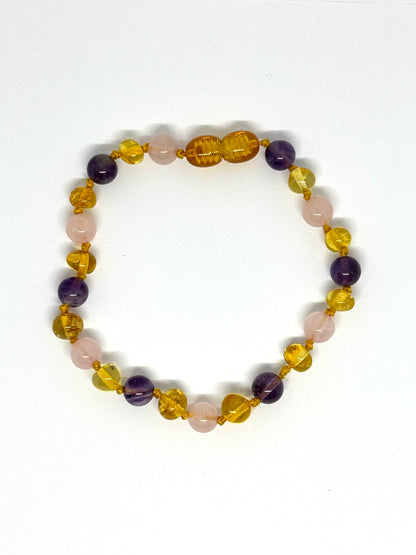 Barnsteen & Natuursteen Armband/Enkelband - Honing, Rozenkwarts & Amethist (17cm-21cm)