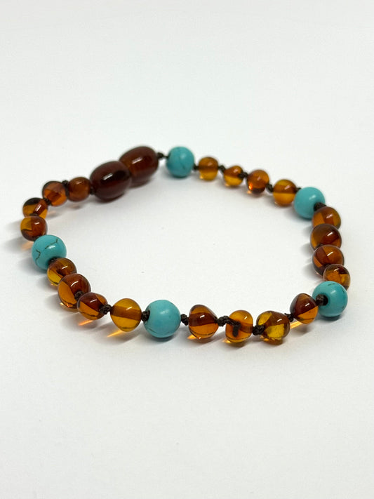 Barnsteen & Natuursteen Armband/Enkelband - Cognac & Turkuoois (19 cm)