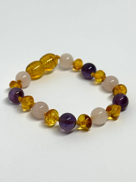Barnsteen & Natuursteen Armbandje/Enkelbandje - Honing & Amethist & Rozenkwarts (14 cm)