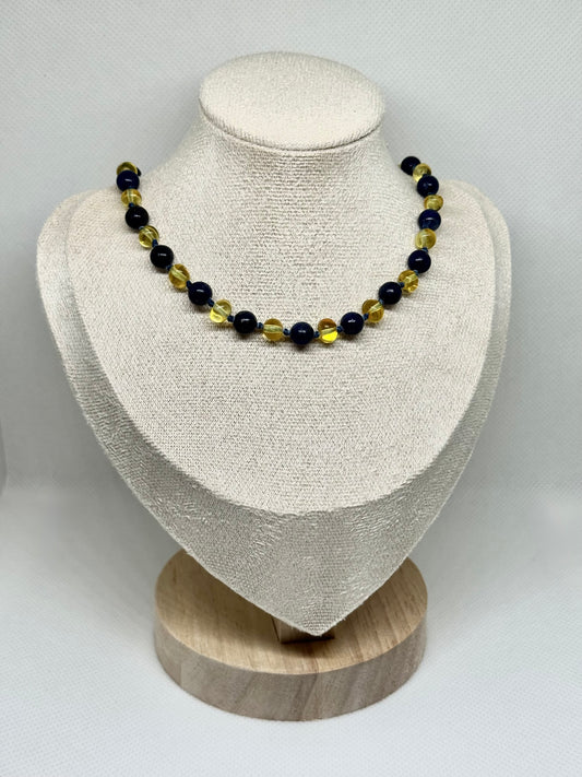 Barnsteen & Natuursteen Ketting - Citroen & Lapis Lazuli (33 cm)