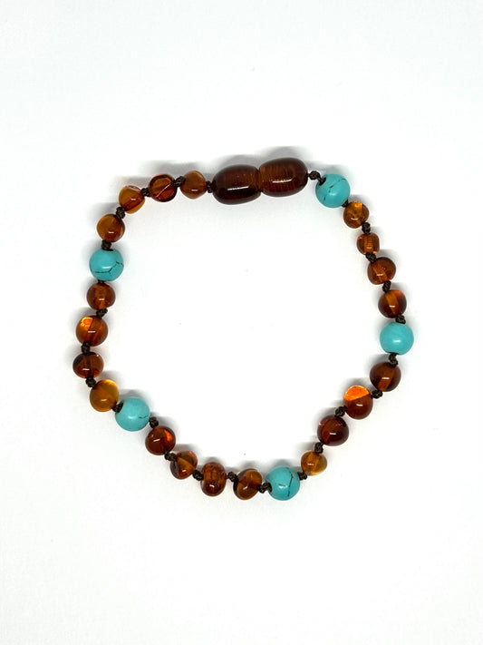 Barnsteen & Natuursteen Armband/Enkelband - Cognac & Turkuoois (19 cm)