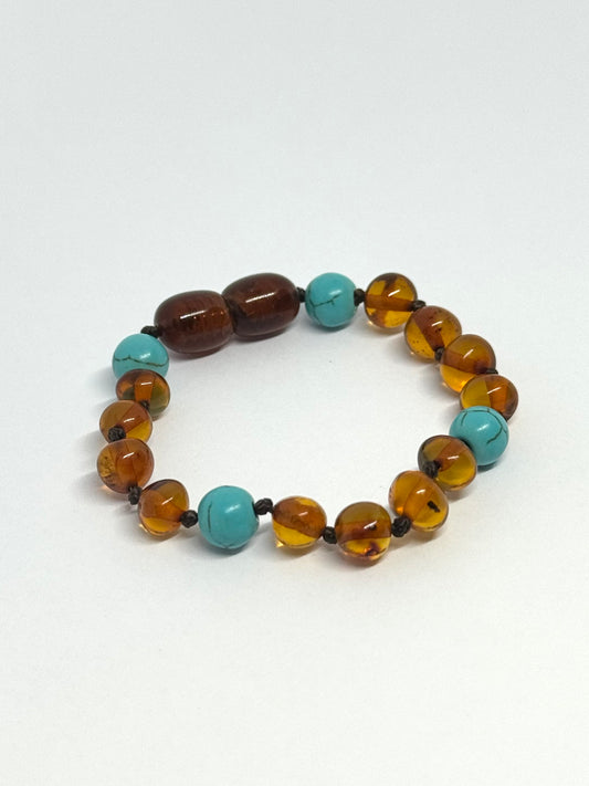 Barnsteen & Natuursteen Baby Armbandje/Enkelbandje - Cognac & Turkuoois (12 cm)