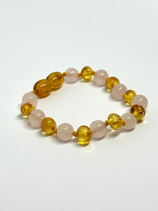 Barnsteen & Natuursteen Armbandje/Enkelbandje - Honing & Rozenkwarts (13 cm)