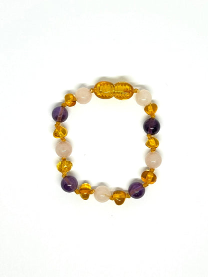Barnsteen & Natuursteen Armbandje - Honing , Rozenkwarts & Amethist (14 cm)