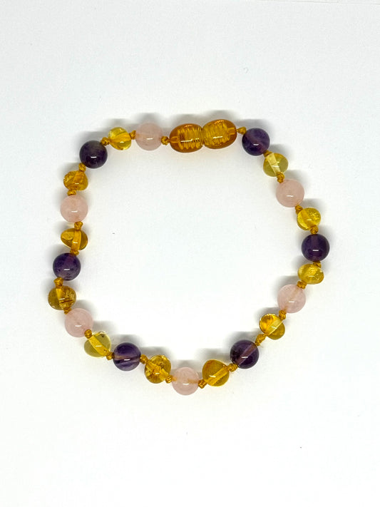Barnsteen & Natuursteen Armband - Honing, Rozenkwarts & Amethist (17-21 cm)
