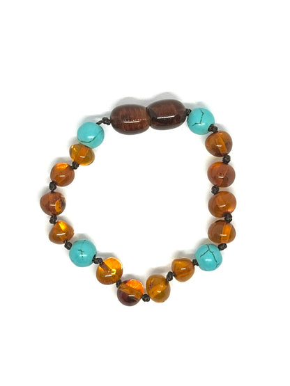 Barnsteen & Natuursteen Armbandje - Cognac & Turkuoois (12 cm)