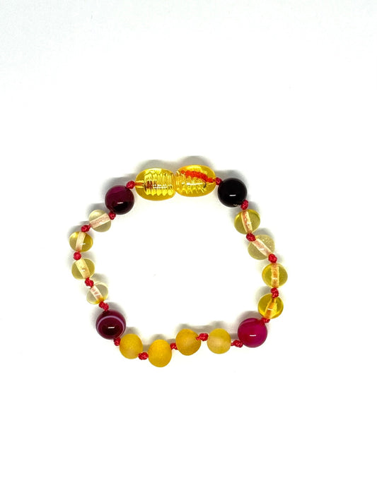 Barnsteen & Natuursteen Armbandje - Citroen & Roze Agaat (13 cm)