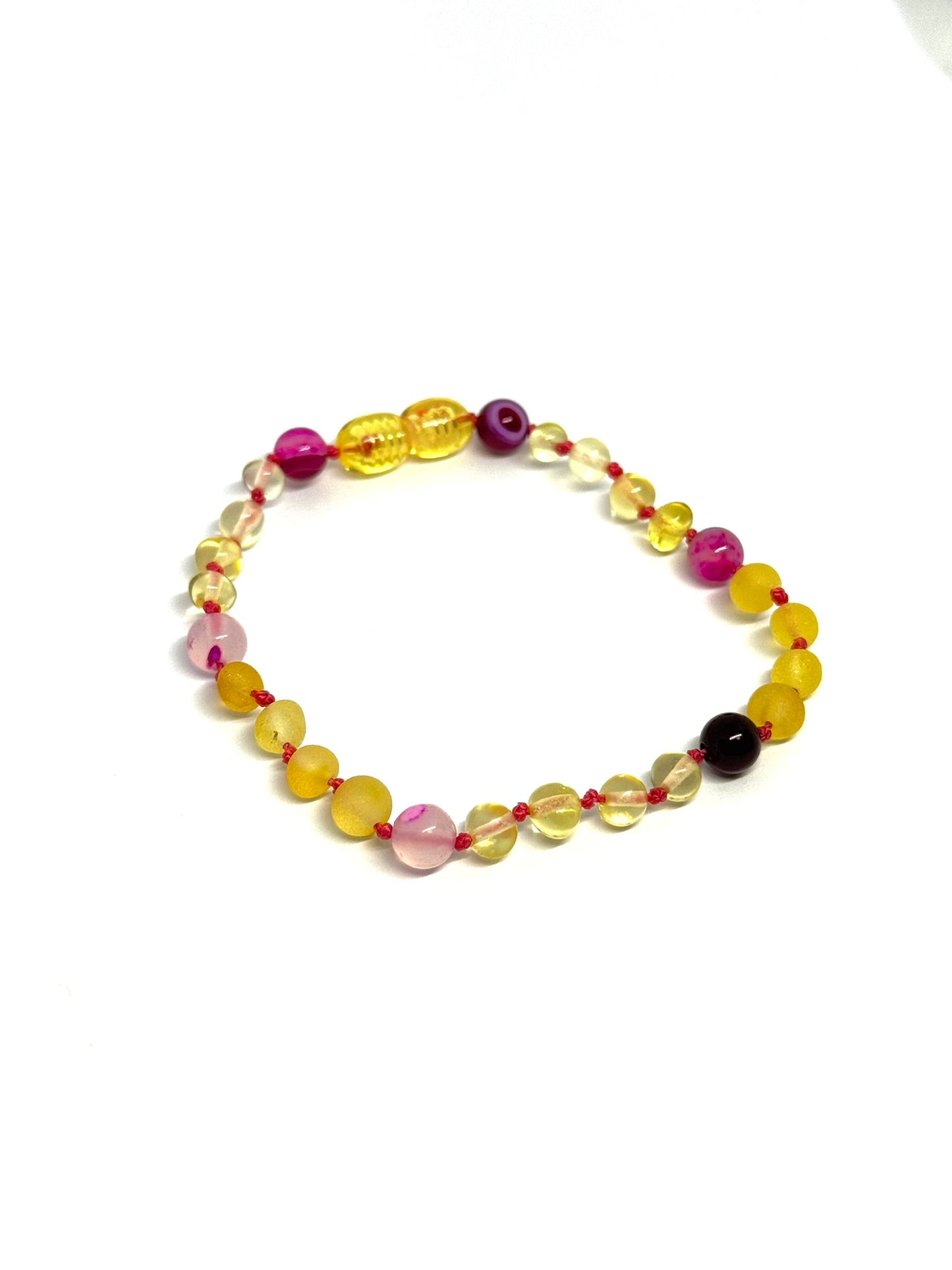 Barnsteen & Natuursteen Armband - Citroen & Roze Agaat (17-20 cm)